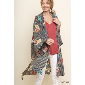 Umgee Kimono Floral Navy Striped Long Open Sheer Side Slits